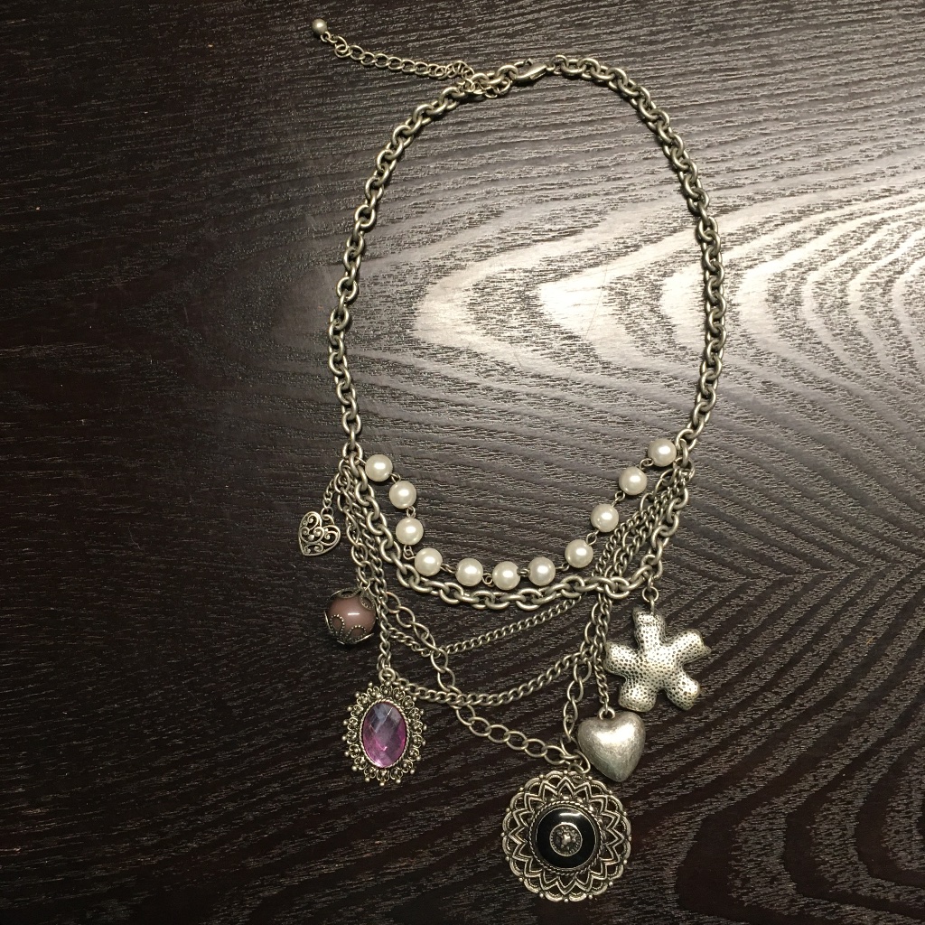 Gorgeous Silver Charm Tiered Necklace With Faux Pearls And Lavender Stone 8$